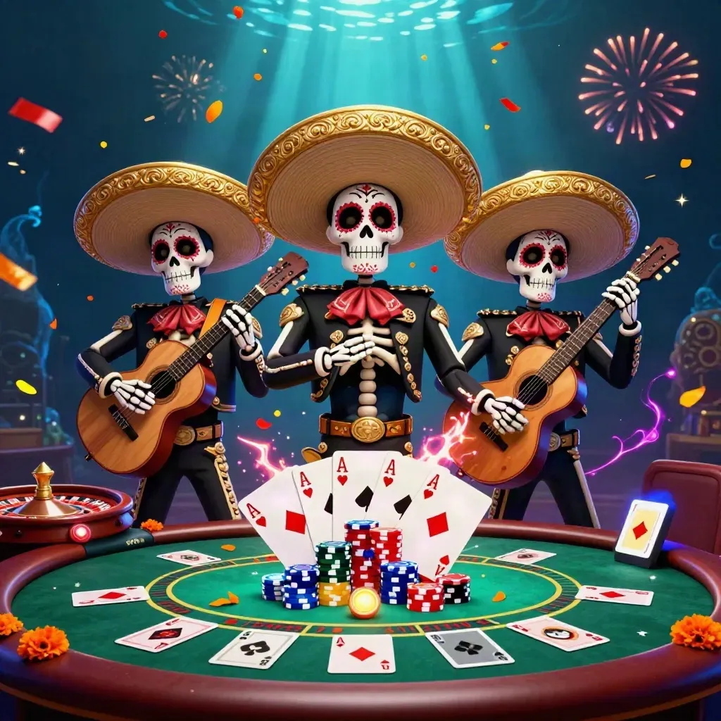 Tiga skeleton mariachi di meja kasino, dikelilingi koin, confetti, dan cahaya mewah.