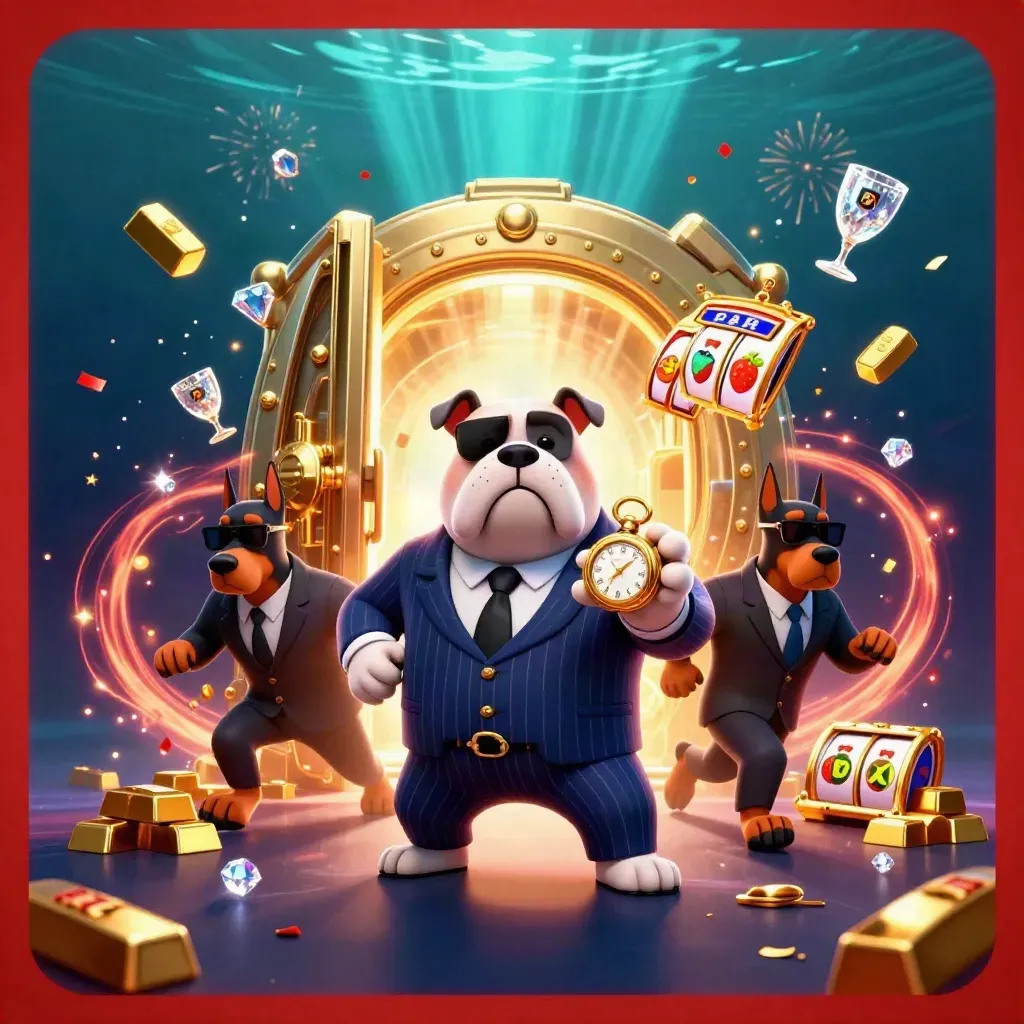 Bulldog bos mafia dan dua doberman di depan brankas emas, koin dan permata meledak