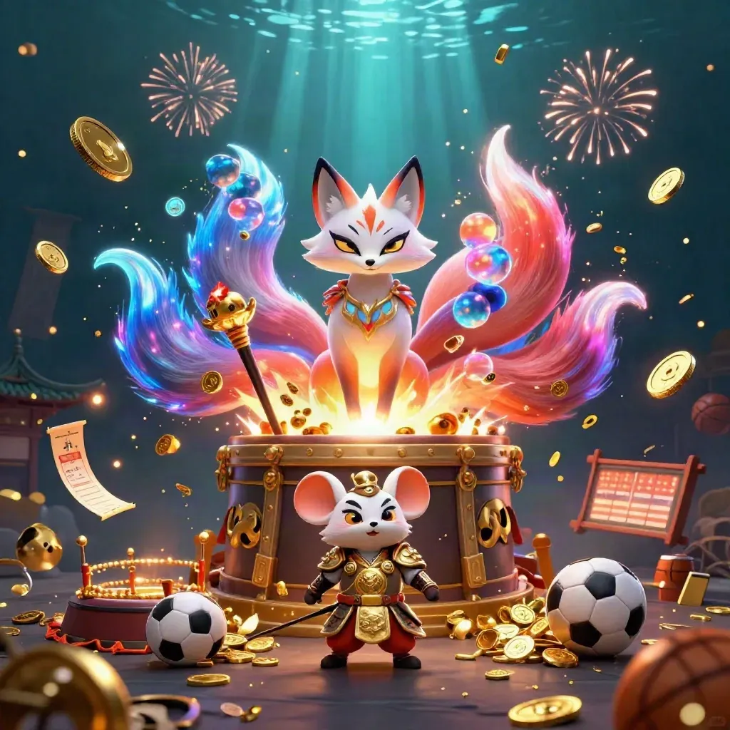 Rubah siluman berkepala sembilan dan tikus samurai emas dengan koin dan efek ledakan kasino.