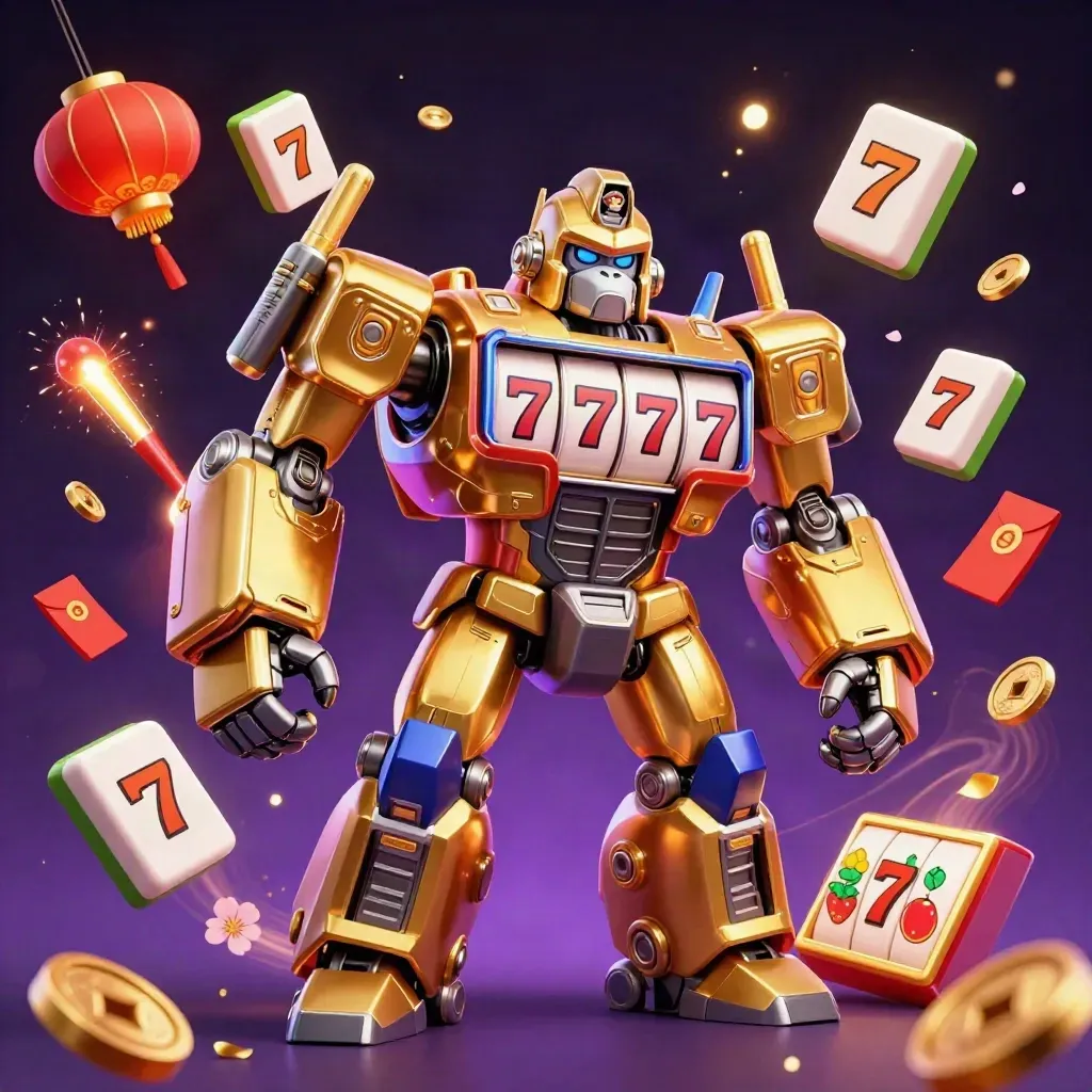 Gorila mech emas bertema slot dengan monyet kecil, lampion, koin, dan efek kilat di latar gelap.