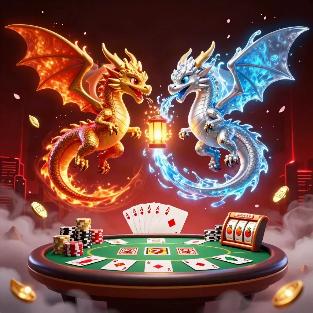 Dua naga 3D emas dan perak berpilin dengan napas api-es, kartu dan koin kasino beterbangan.