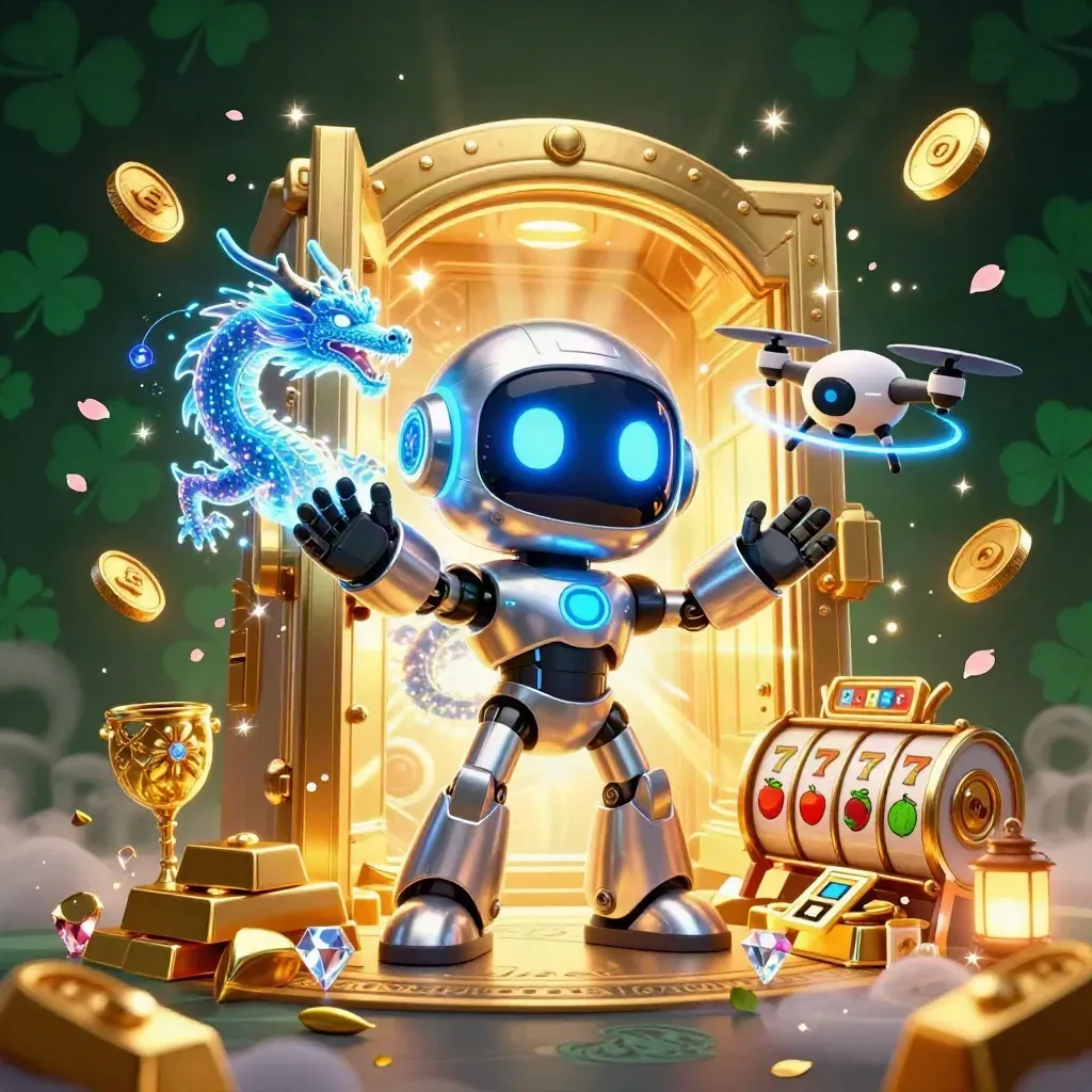 Robot cyberpunk, naga holografik, dan drone di depan brankas emas dengan cahaya kasino mewah